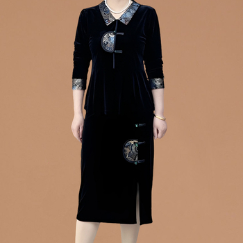 Rochie din două părți de primăvară în stil chinezesc, cu glugă, guler Peter Pan, mâneci lungi, lungime medie, retro artistic