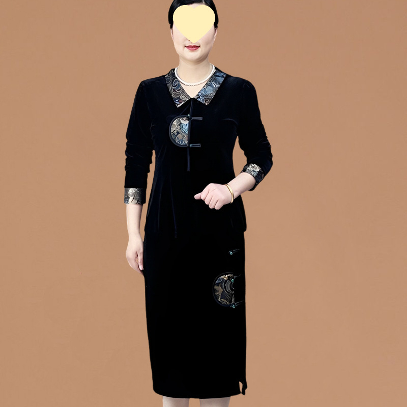 Rochie din două părți de primăvară în stil chinezesc, cu glugă, guler Peter Pan, mâneci lungi, lungime medie, retro artistic