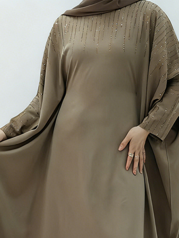 rochie abaya cu paiete, mâneci în formă de aripă, croială A-line lejeră, guler rotund