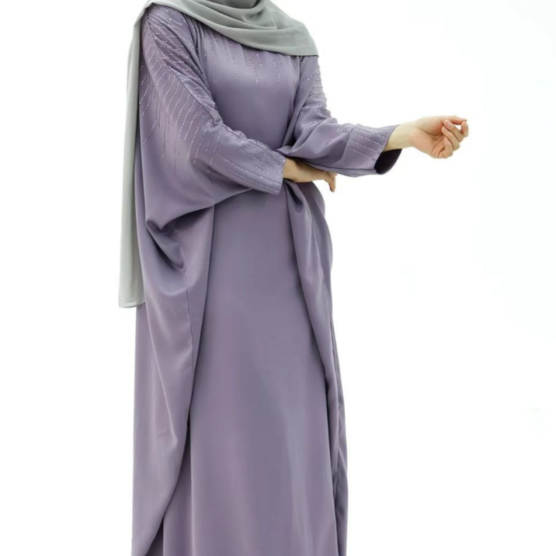 rochie abaya cu paiete, mâneci în formă de aripă, croială A-line lejeră, guler rotund