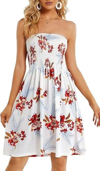 Plus veličine haljina za plažu bez naramenica, srednje duljine, cvjetni uzorak na Milk Silk, tube-top stil, elastični pojas