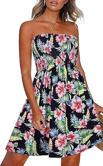 Plus veličine haljina za plažu bez naramenica, srednje duljine, cvjetni uzorak na Milk Silk, tube-top stil, elastični pojas
