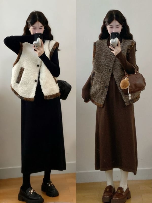 Set din două piese: vestă din lână de miel și rochie tricotată, toamna 2025, stil chinezesc, retro literar