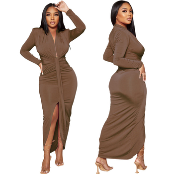 Rochie cu decolteu în V, mâneci lungi, din poliester stretch, talie medie, croială lungă, iarnă 2025