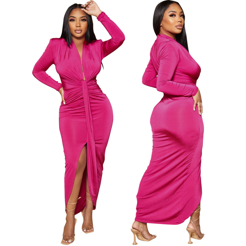 Rochie cu decolteu în V, mâneci lungi, din poliester stretch, talie medie, croială lungă, iarnă 2025