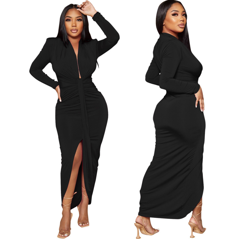 Rochie cu decolteu în V, mâneci lungi, din poliester stretch, talie medie, croială lungă, iarnă 2025