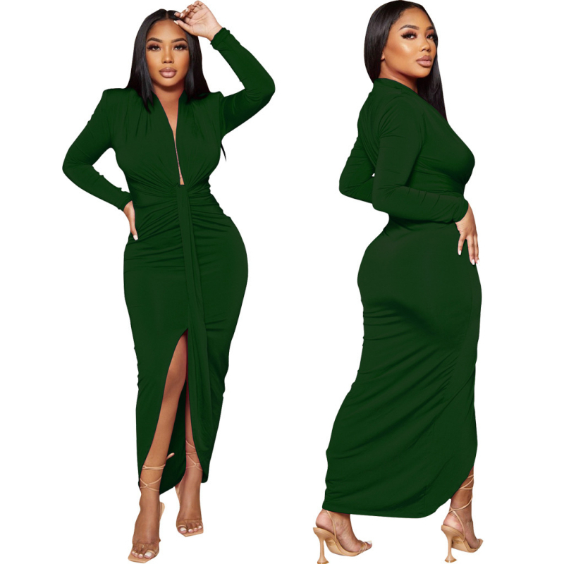 Rochie cu decolteu în V, mâneci lungi, din poliester stretch, talie medie, croială lungă, iarnă 2025