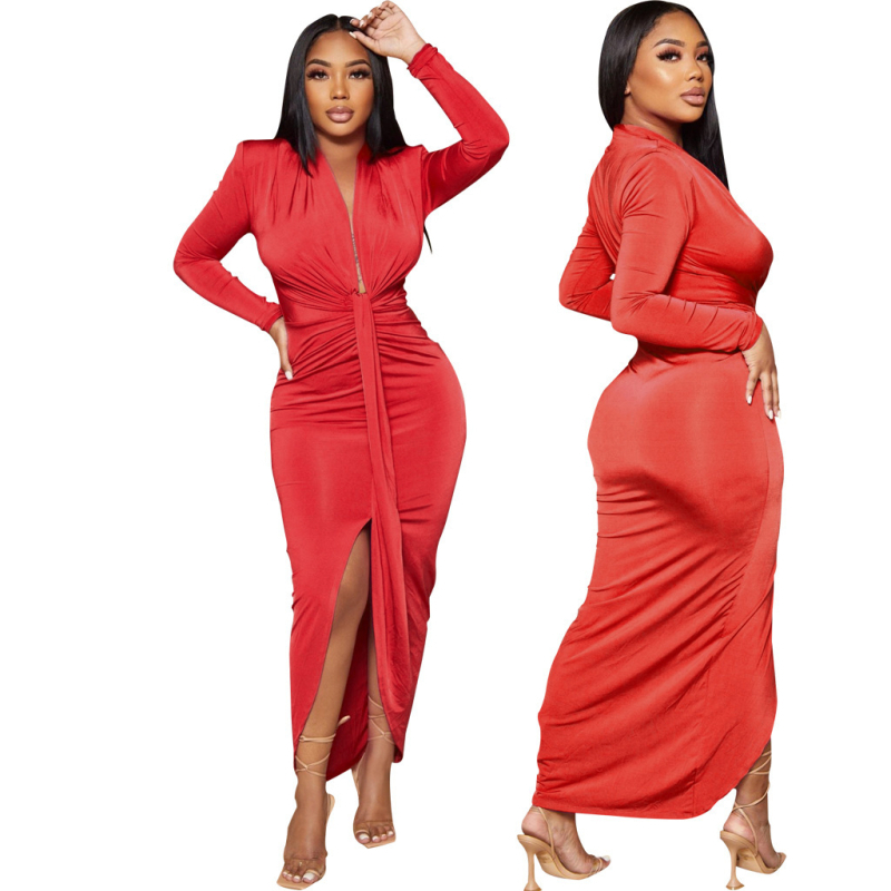 Rochie cu decolteu în V, mâneci lungi, din poliester stretch, talie medie, croială lungă, iarnă 2025