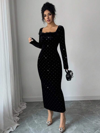 Rochie lungă din catifea coreeană, model solid, decolteu pătrat, talie medie, cristale Hotfix