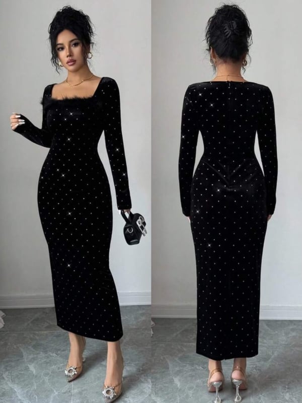 Rochie lungă din catifea coreeană, model solid, decolteu pătrat, talie medie, cristale Hotfix