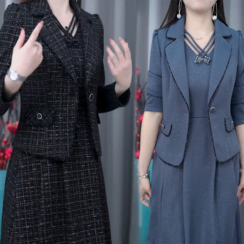 Két részes ruhaszett középkorú nőknek, poliészter, hosszú ujjú, midi hosszúságú, OL stílus, tavasz 2024
