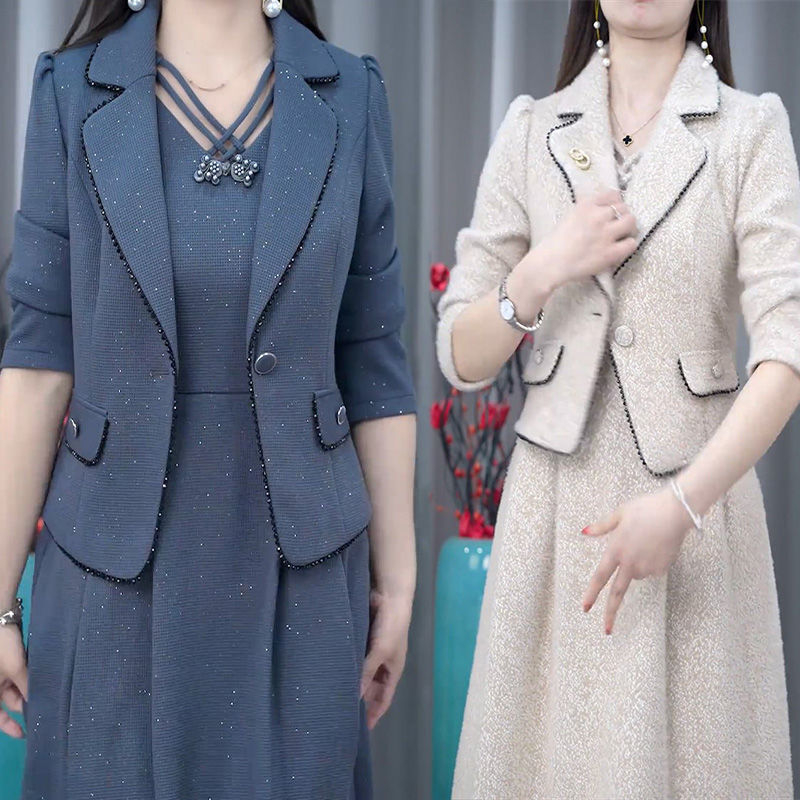 Két részes ruhaszett középkorú nőknek, poliészter, hosszú ujjú, midi hosszúságú, OL stílus, tavasz 2024