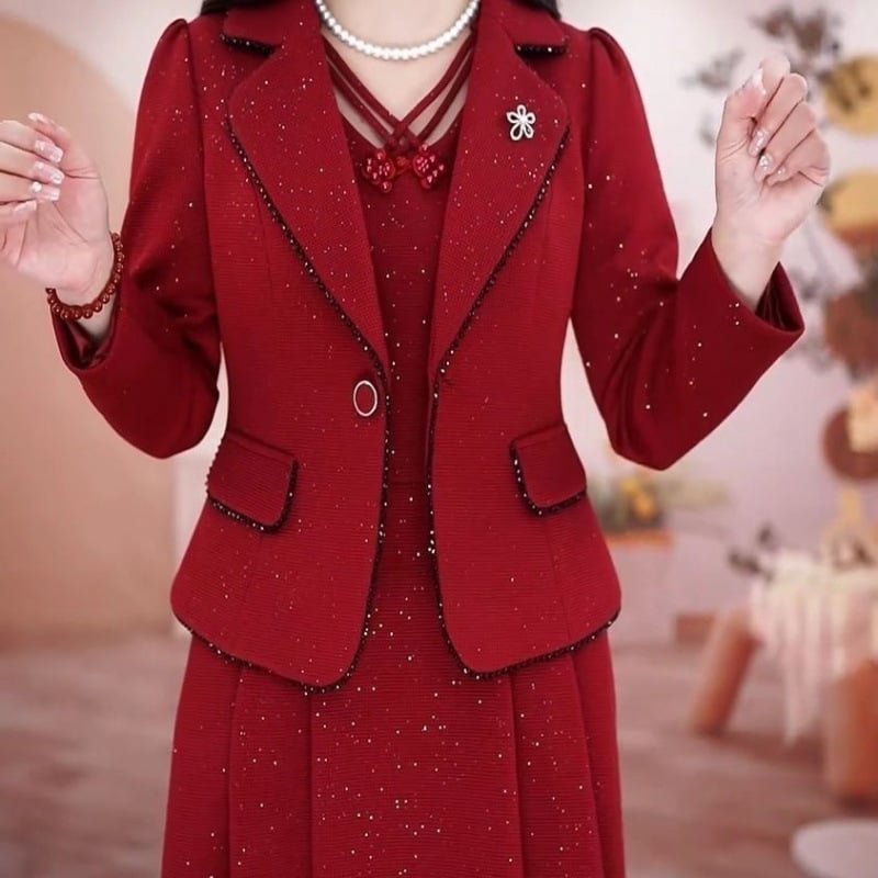 Két részes ruhaszett középkorú nőknek, poliészter, hosszú ujjú, midi hosszúságú, OL stílus, tavasz 2024