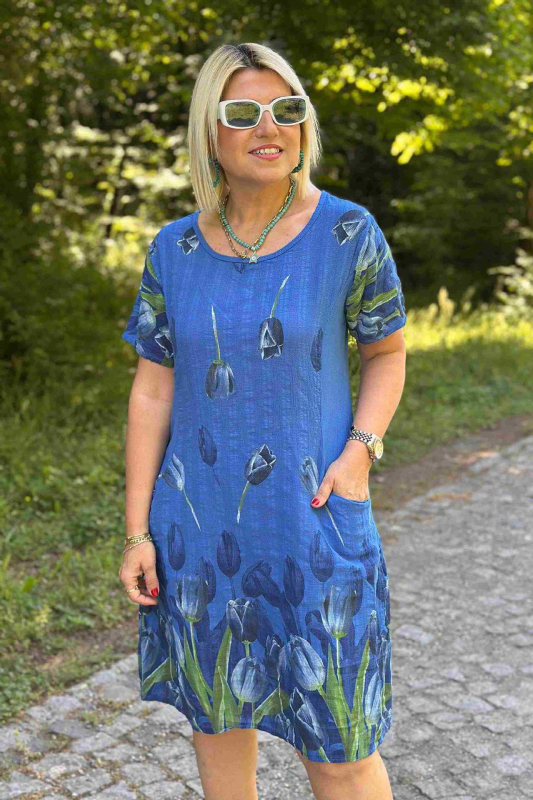 Haljina s floralnim uzorkom, pulover stil, poliester s elastanom (do 30%), kružni izrez, kratki rukavi