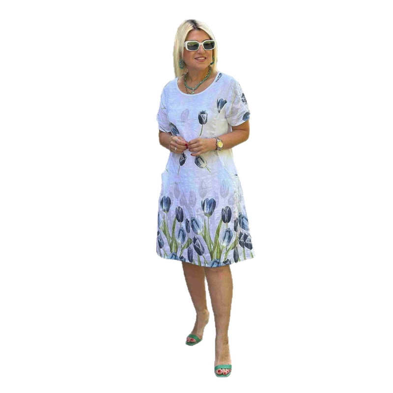 Haljina s floralnim uzorkom, pulover stil, poliester s elastanom (do 30%), kružni izrez, kratki rukavi