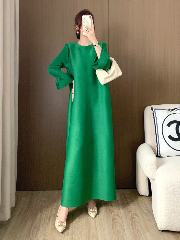 Duga plisirana haljina s A-linijom, poliester, jednobojna, okrugli izrez, dugi šire rukave