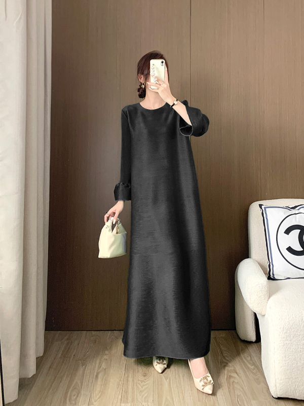 Duga plisirana haljina s A-linijom, poliester, jednobojna, okrugli izrez, dugi šire rukave