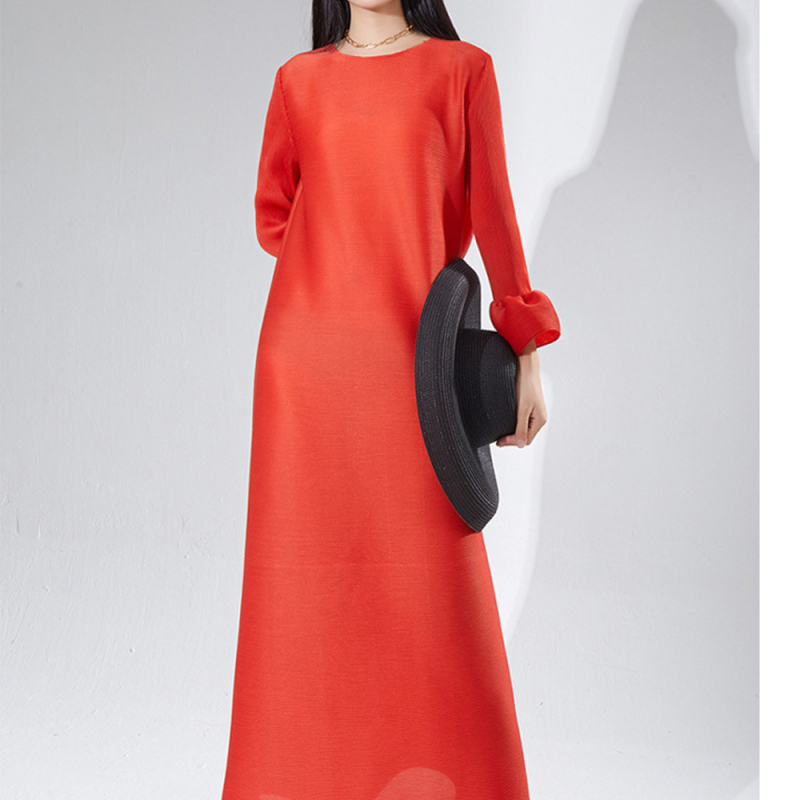 Duga plisirana haljina s A-linijom, poliester, jednobojna, okrugli izrez, dugi šire rukave