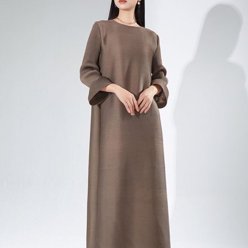 Duga plisirana haljina s A-linijom, poliester, jednobojna, okrugli izrez, dugi šire rukave