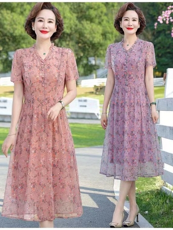 Cvjetna šifonska midi haljina s V izrezom, visokim strukom, kratkim rukavima, A-linijskog kroja