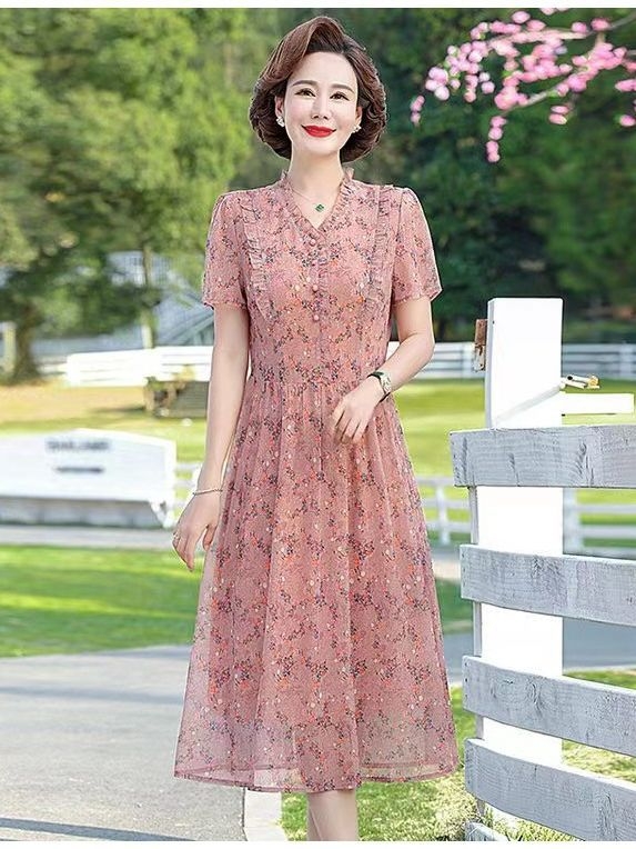 Cvjetna šifonska midi haljina s V izrezom, visokim strukom, kratkim rukavima, A-linijskog kroja