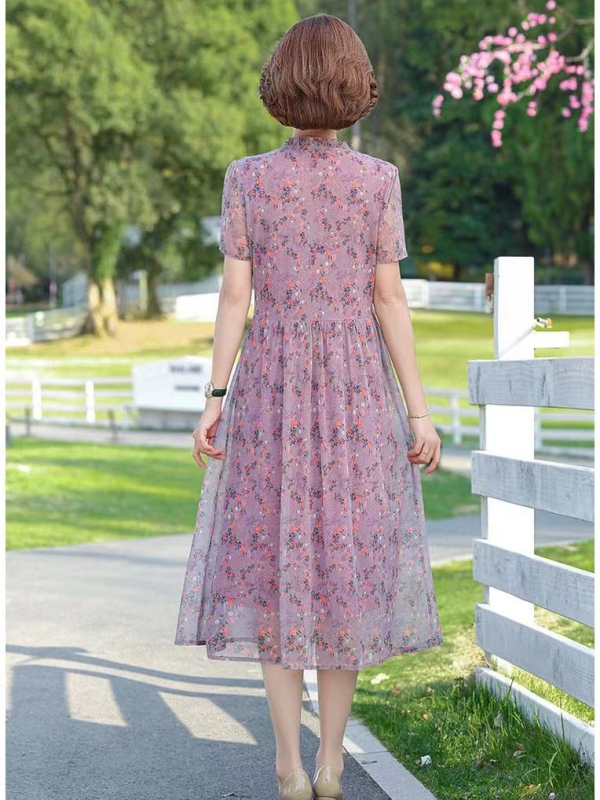 Cvjetna šifonska midi haljina s V izrezom, visokim strukom, kratkim rukavima, A-linijskog kroja