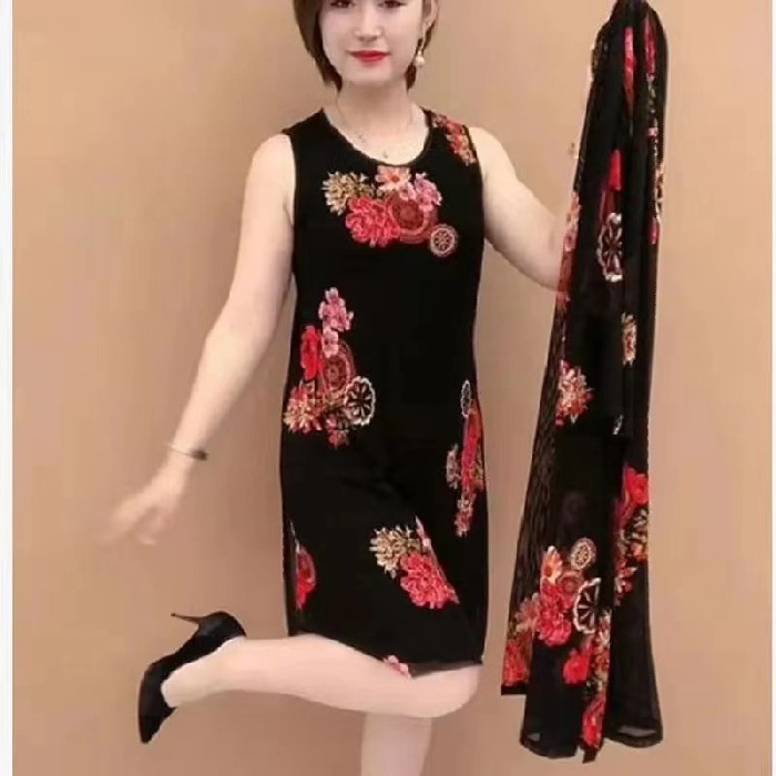 Két darabos ruhaszett nőknek, mintás, poliészter, midi hosszúságú, kerek nyakú és hosszú ujjú, elegáns városi stílus