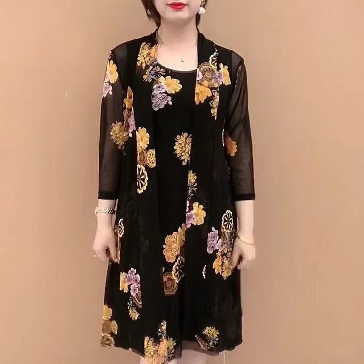 Két darabos ruhaszett nőknek, mintás, poliészter, midi hosszúságú, kerek nyakú és hosszú ujjú, elegáns városi stílus