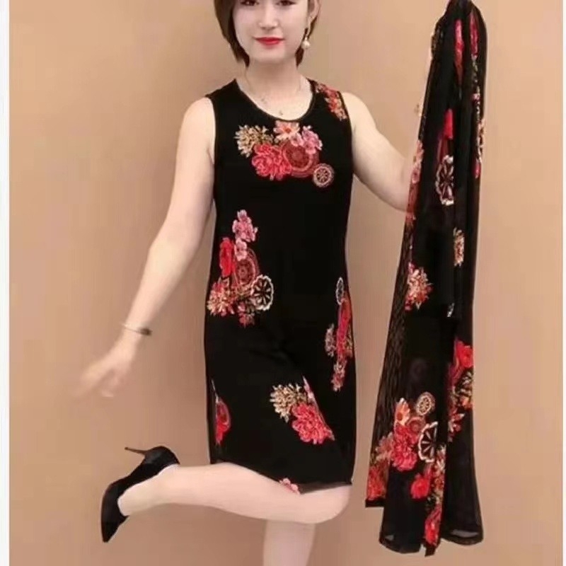 Két darabos ruhaszett nőknek, mintás, poliészter, midi hosszúságú, kerek nyakú és hosszú ujjú, elegáns városi stílus