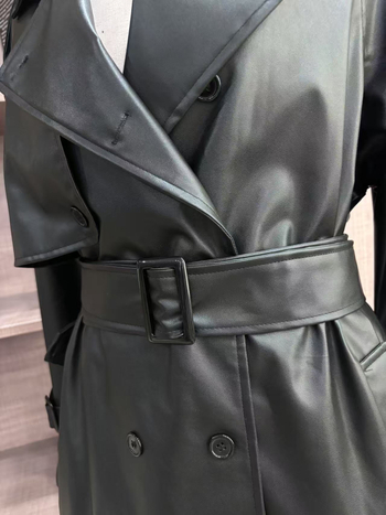 PU δερμάτινο σακάκι με πέτο, διπλοεμπρός κούμπωμα, μήκος 80-100 εκ, χαλαρή γραμμή