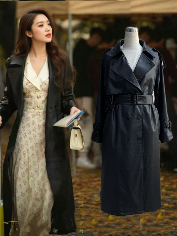 PU δερμάτινο σακάκι με πέτο, διπλοεμπρός κούμπωμα, μήκος 80-100 εκ, χαλαρή γραμμή