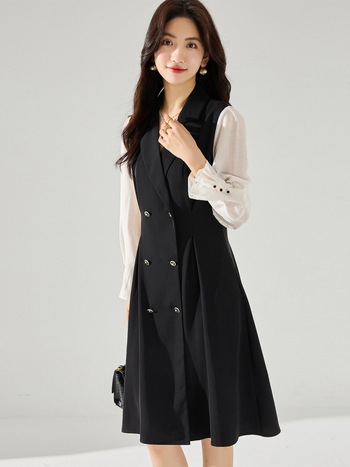 Midi haljina s visokim strukom, ovratnik s klopom, rukavi s volanom, dugi rukavi, suknja kišobran, poliester