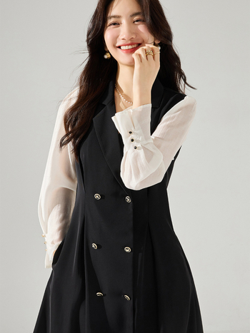 Midi haljina s visokim strukom, ovratnik s klopom, rukavi s volanom, dugi rukavi, suknja kišobran, poliester