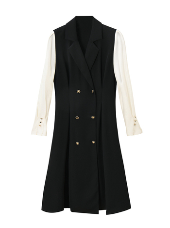 Midi haljina s visokim strukom, ovratnik s klopom, rukavi s volanom, dugi rukavi, suknja kišobran, poliester