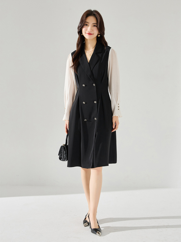 Midi haljina s visokim strukom, ovratnik s klopom, rukavi s volanom, dugi rukavi, suknja kišobran, poliester