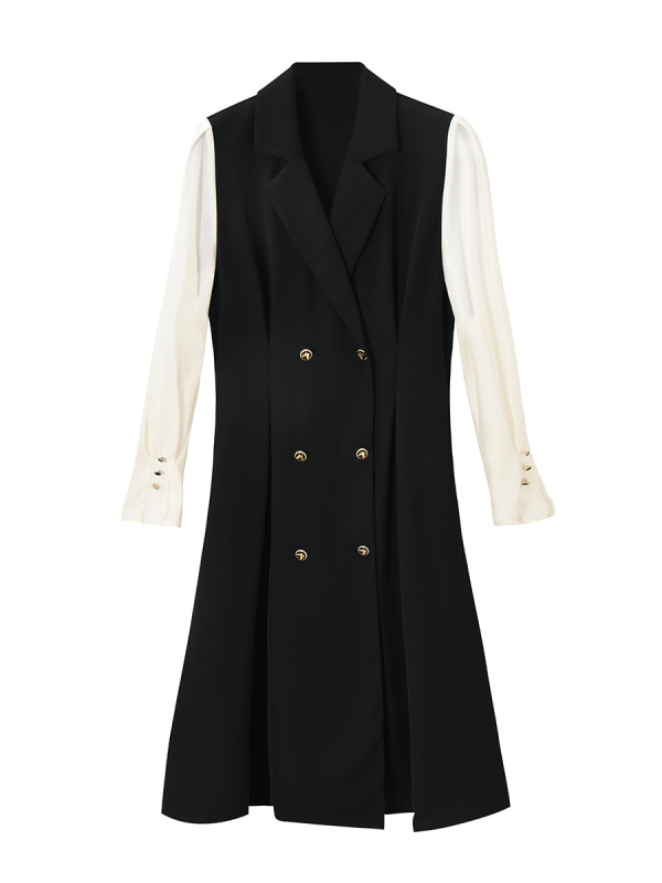 Midi haljina s visokim strukom, ovratnik s klopom, rukavi s volanom, dugi rukavi, suknja kišobran, poliester