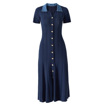 Pletena midi haljina s V izrezom, kratkim rukavima, patchwork dizajn, metalna kopča na struku