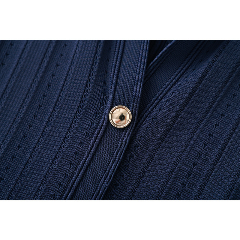 Pletena midi haljina s V izrezom, kratkim rukavima, patchwork dizajn, metalna kopča na struku