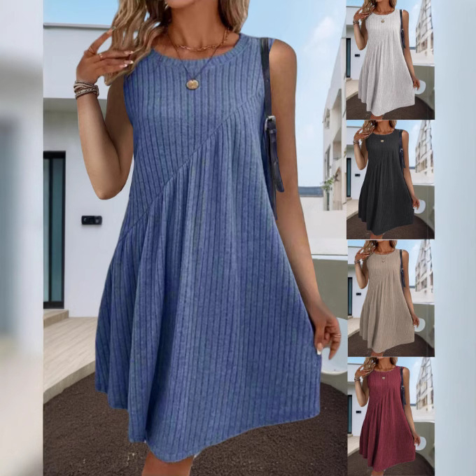 Boemska haljina bez rukava, A-linija, brušeni poliester s 30-50% elastana, okrugli izrez