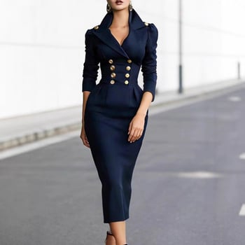 Elegantna pletena haljina s visokim strukom i dugim puff rukavima, srednje duljine