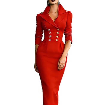 Elegantna pletena haljina s visokim strukom i dugim puff rukavima, srednje duljine