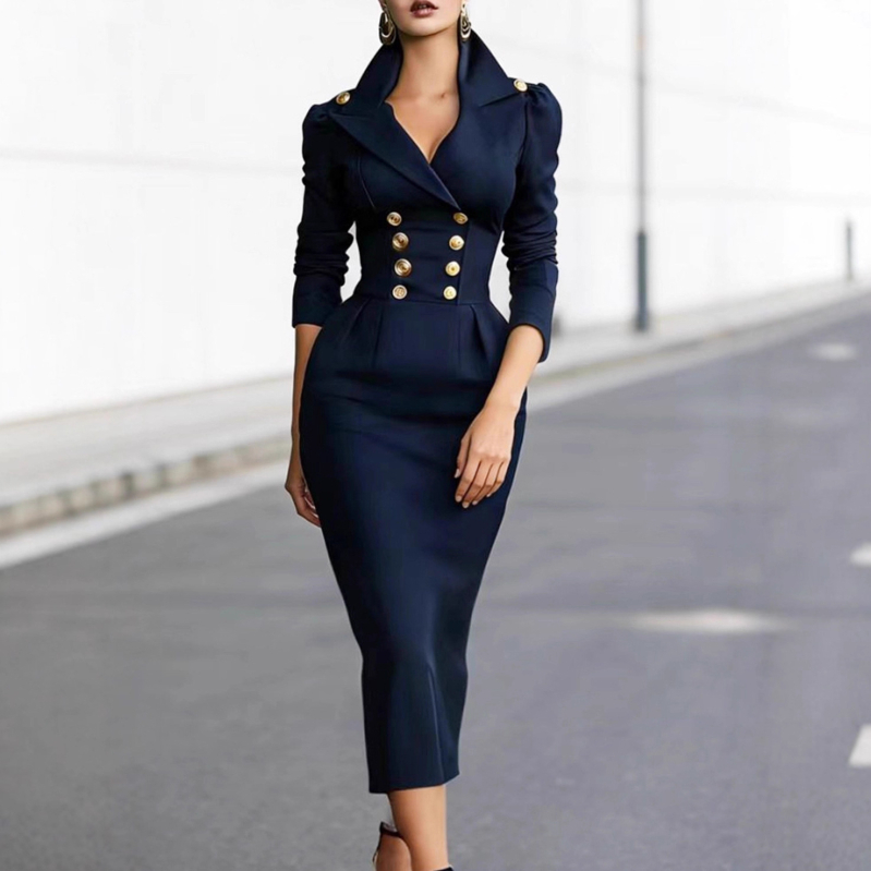 Elegantna pletena haljina s visokim strukom i dugim puff rukavima, srednje duljine