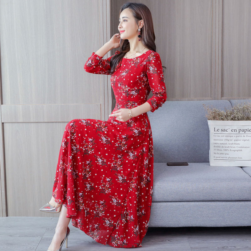 Milk Silk midi haljina s dugim rukavima, okrugli izrez, A-linijski kroj, otisak, elastični struk