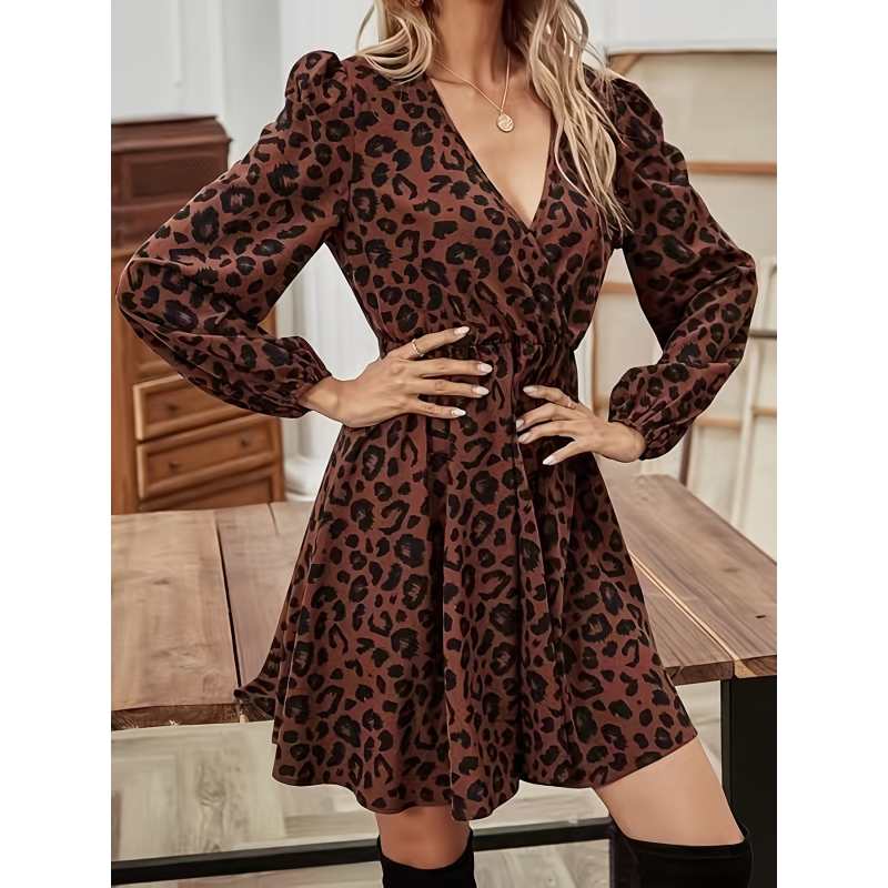 Leopard uzorkovana haljina s V-izrezom, dugi rukavi, elastična struka, midi duljina