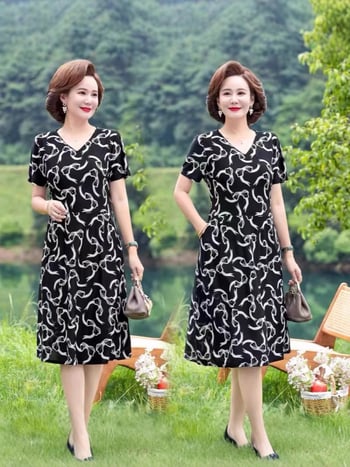 Haljina od ice silk s printom, A-linijski kroj, V-izrez, kratki rukavi