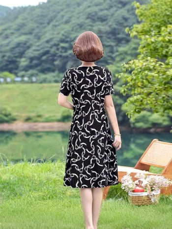 Haljina od ice silk s printom, A-linijski kroj, V-izrez, kratki rukavi