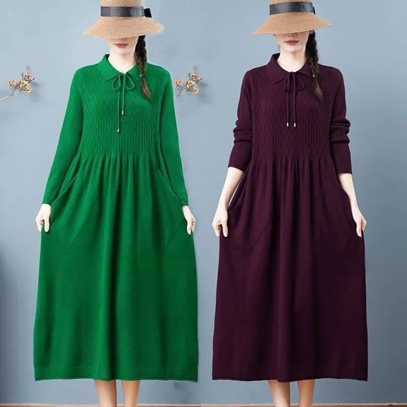 A-linijska pletena haljina s dugim rukavima, srednja duljina, viskoza–poliester–spandeks smjesa