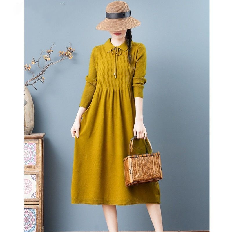 A-linijska pletena haljina s dugim rukavima, srednja duljina, viskoza–poliester–spandeks smjesa