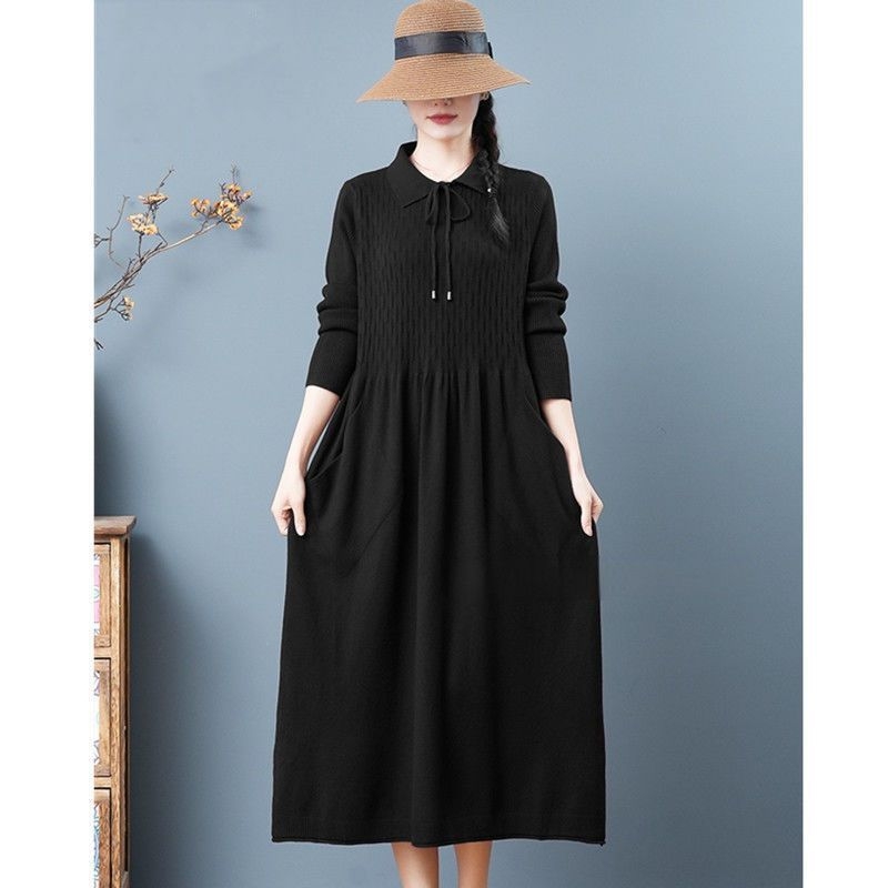 A-linijska pletena haljina s dugim rukavima, srednja duljina, viskoza–poliester–spandeks smjesa