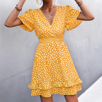 Ženska šifonska haljina s cvjetnim uzorkom i V-izrezom, rukav s listom lotosa, elastičan pojas, kroj A-linije, srednja duljina